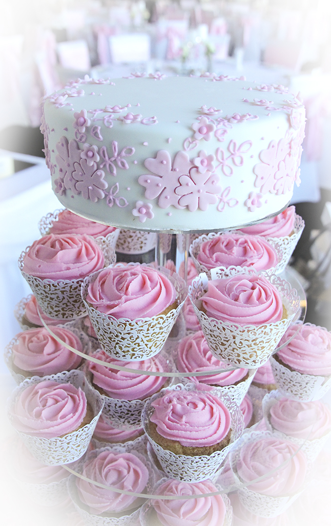 Pink Applique Wedding Cup Cake Tower