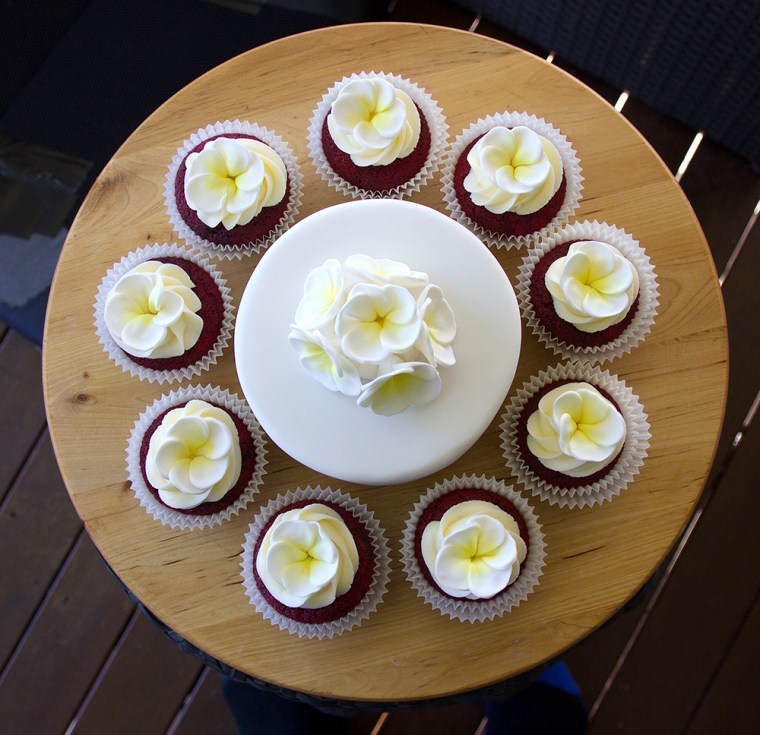 Red Velvet cupcakes decorated with Sugar Frangipanis