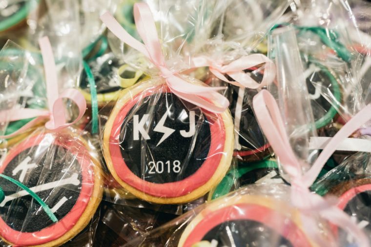 Iced cookie favours in heat sealed cello bags with matching ribbon